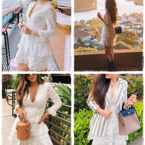 Load image into Gallery viewer, Hollow Out Cotton Embroidery Ruffled A-line V-neck Long Sleeve Sexy Elegant Party Midi Dress
