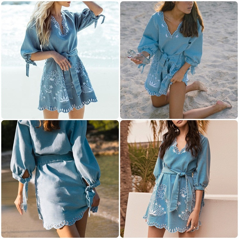 Summer V-neck Embrodiery Denim Elegant Sashes Short Blue Jeans Casual Holiday Ladies Beach Dress