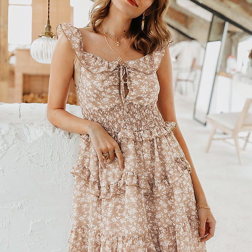 Load image into Gallery viewer, Sexy V-neck Boho Floral Print High Waist Summer Sleeveless Ruffled Sundress Beach Dress
