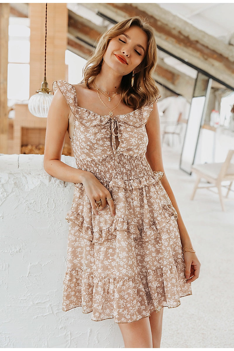 Sexy V-neck Boho Floral Print High Waist Summer Sleeveless Ruffled Sundress Beach Dress