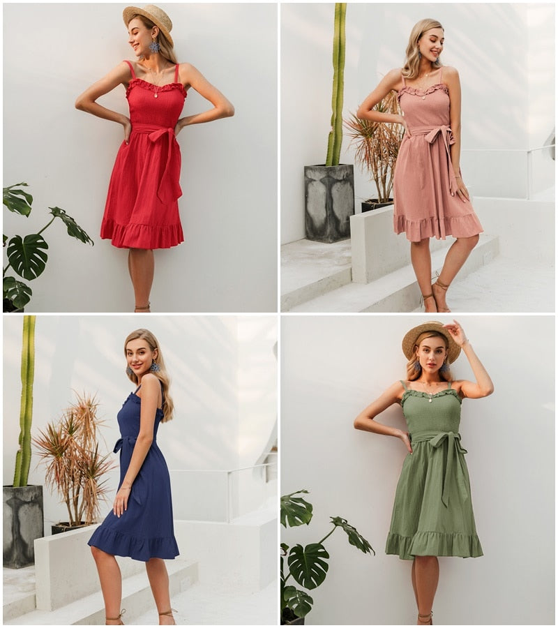 Sleeveless Ruffle Elegant Ruched Sashes Bow Cotton Summer Midi Sexy Solid Dress