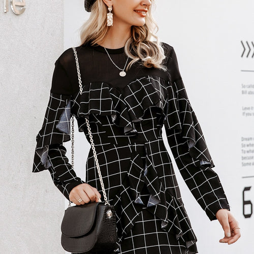 Load image into Gallery viewer, Elegant Office Lady Plaid Ruffled Long Sleeve Mini Straight O-neck Short Party Dress
