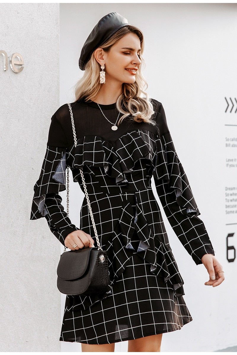 Elegant Office Lady Plaid Ruffled Long Sleeve Mini Straight O-neck Short Party Dress