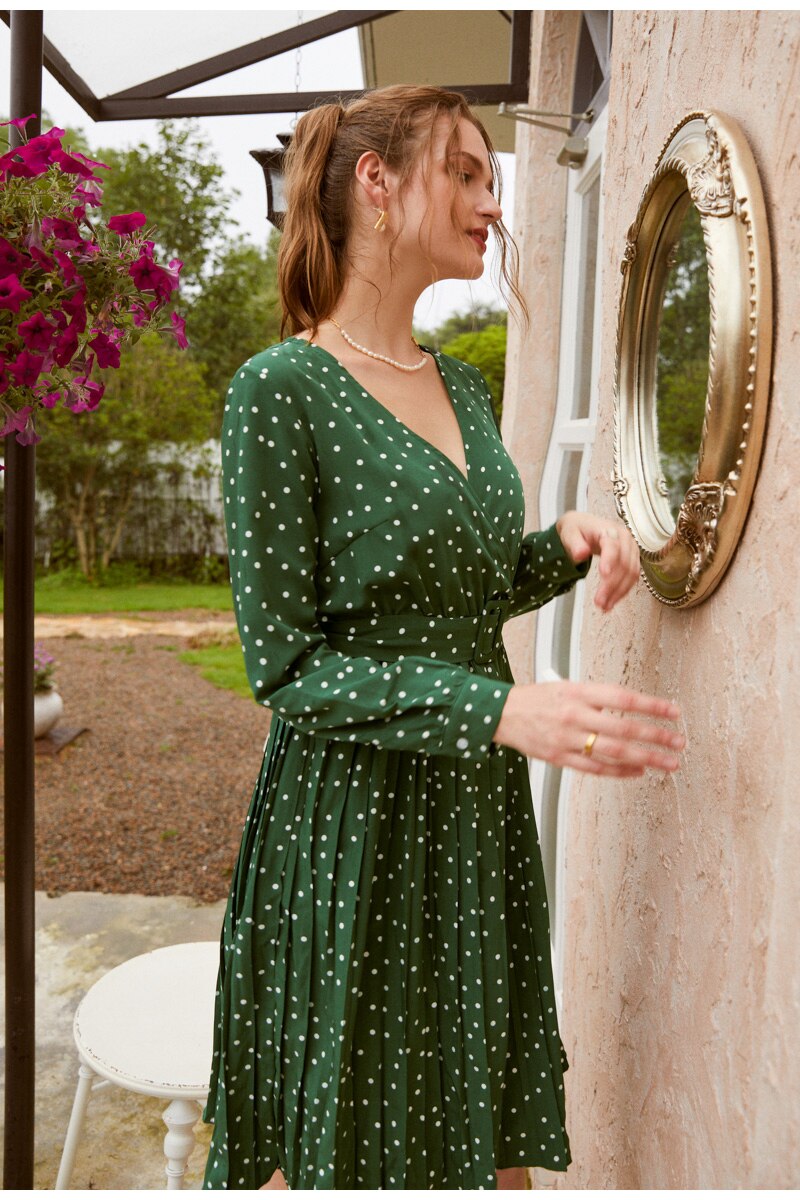 Sexy V-neck Solid Party Lantern Single Breasted A-line Midi Green Ribbon Long Sleeve Dress