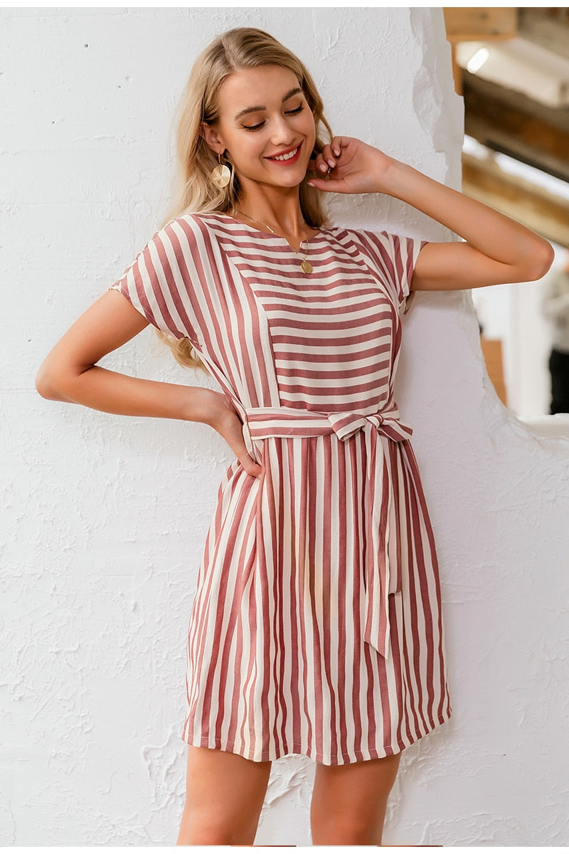 Striped Casual Buttons Strap Short Sleeve Summer Ladies O-neck A-line Holiday Dress