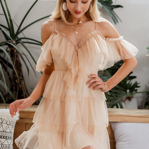 Load image into Gallery viewer, Sexy Straps Off Shoulder Mini Ruffles Multi-layer Lace Cake Party Club Mesh Dress
