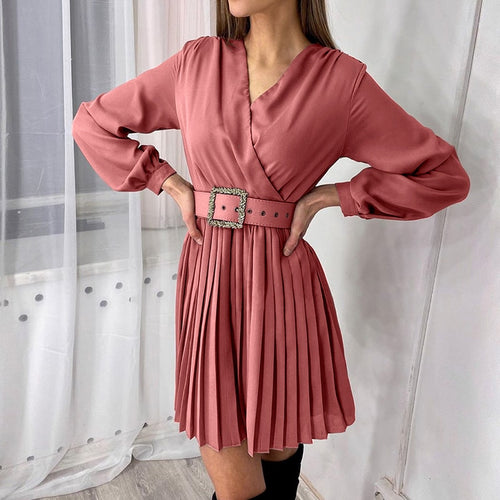 Load image into Gallery viewer, Sexy V-neck Solid Office Long Sleeve Belt Pleated Mini Slim Dress
