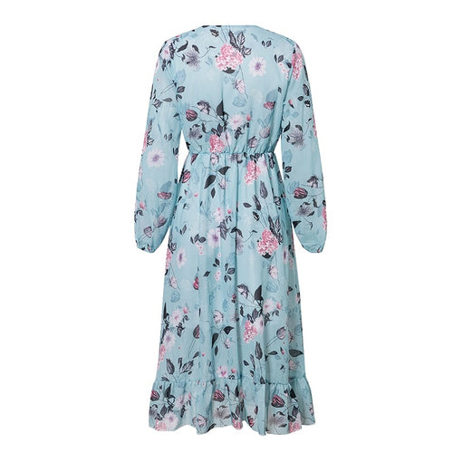 Load image into Gallery viewer, Floral Print Plus Size High Waist Ruffled Summer Loose V-neck Puff Sleeve Chiffon Boho Dress
