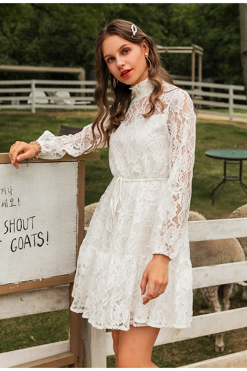 Solid White Lace Sexy V-neck Floral Summer Cotton White Midi Dress