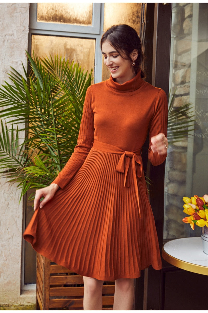 Casual Turtleneck Knitted Winter Long Sleeve Stitching Sweater Dress