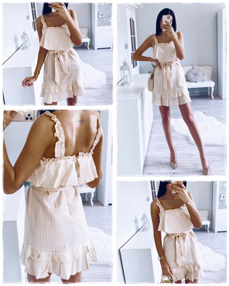 Summer Sleeveless Sexy Ruffled Solid Plaid Sash Cotton Holiday Beach Party Dress