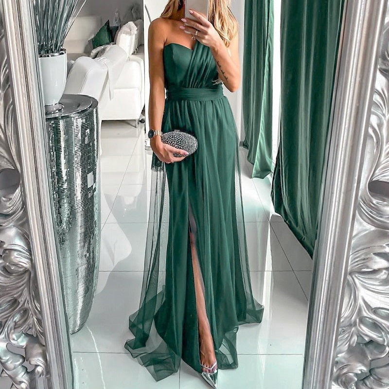 Elegant Tulle Solid Green Sexy Tube Top One Shoulder Summer Holiday Slim Flow Beach Dress