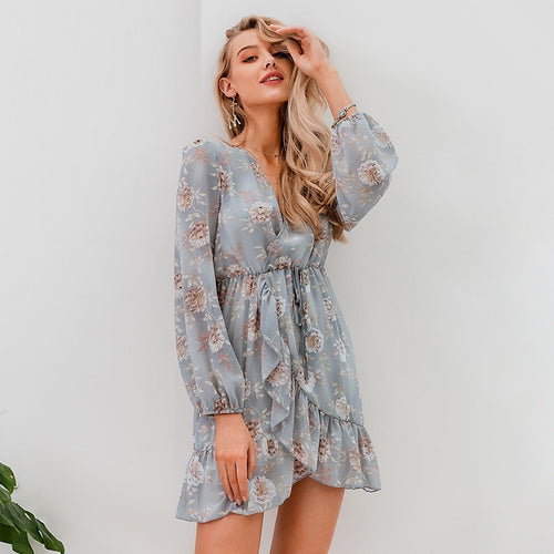 Load image into Gallery viewer, Floral Print Sexy Long Sleeve V-neck Hollow Out Summer Ruffled Wrap Casual Beach Dress
