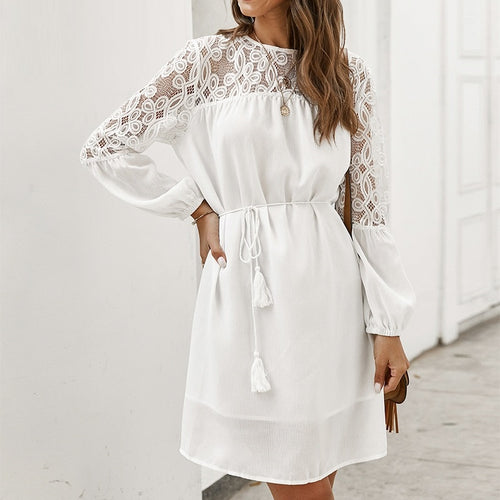 Load image into Gallery viewer, Sexy Hollow Out Party Elegant Puff Sleeve O-neck Summer Lace Long Sleeve A-line Casual Office Dress
