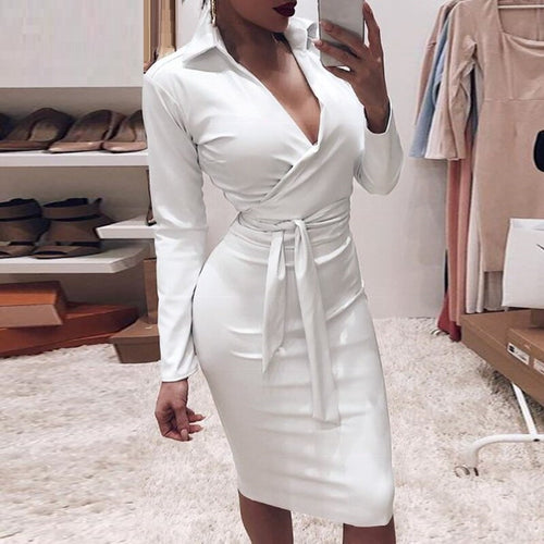 Load image into Gallery viewer, Sexy V-neck PU Leather High Waist Sashes Bodycon Party Club Midi Dress
