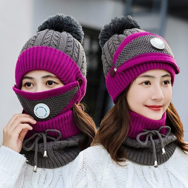 3 Pcs/set With Breathing Mask 2in1 Knitted Pompoms Fur Lined Protective Knitted Woolen Warm Winter Cap