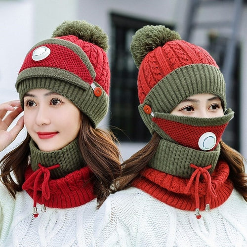 Load image into Gallery viewer, 3 Pcs/set With Breathing Mask 2in1 Knitted Pompoms Fur Lined Protective Knitted Woolen Warm Winter Cap
