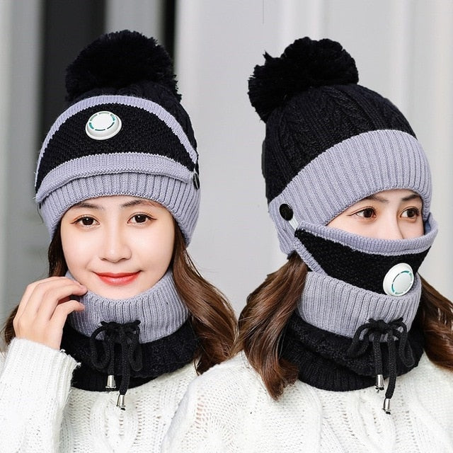 3 Pcs/set With Breathing Mask 2in1 Knitted Pompoms Fur Lined Protective Knitted Woolen Warm Winter Cap