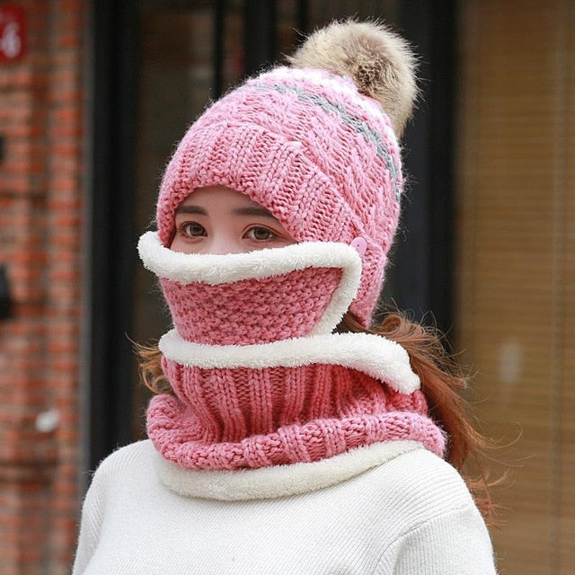 3 Pcs/set With Mask Faux Fur Pompoms Outdoor Knitted Woolen Warm Winter Cap