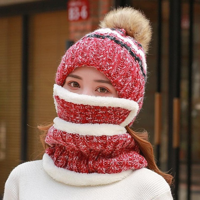 3 Pcs/set With Mask Faux Fur Pompoms Outdoor Knitted Woolen Warm Winter Cap