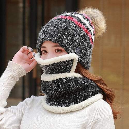 Load image into Gallery viewer, 3 Pcs/set With Mask Faux Fur Pompoms Outdoor Knitted Woolen Warm Winter Cap
