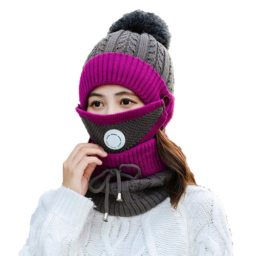 Load image into Gallery viewer, 3 Pcs/set With Breathing Mask 2in1 Knitted Pompoms Fur Lined Protective Knitted Woolen Warm Winter Cap
