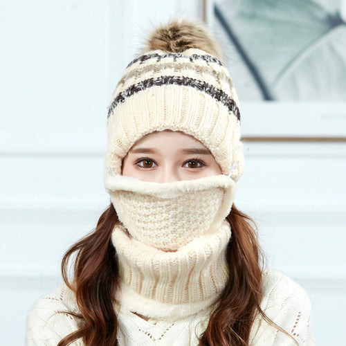 Load image into Gallery viewer, 3 Pcs/set With Mask Faux Fur Pompoms Outdoor Knitted Woolen Warm Winter Cap
