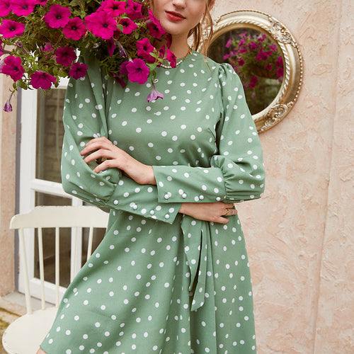 Load image into Gallery viewer, Commute Crew Neck Polka Dot Green Long Sleeve Asymmetrical Knee Length Sash Midi Dress
