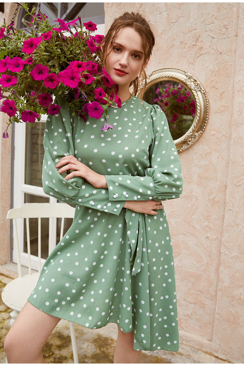 Commute Crew Neck Polka Dot Green Long Sleeve Asymmetrical Knee Length Sash Midi Dress