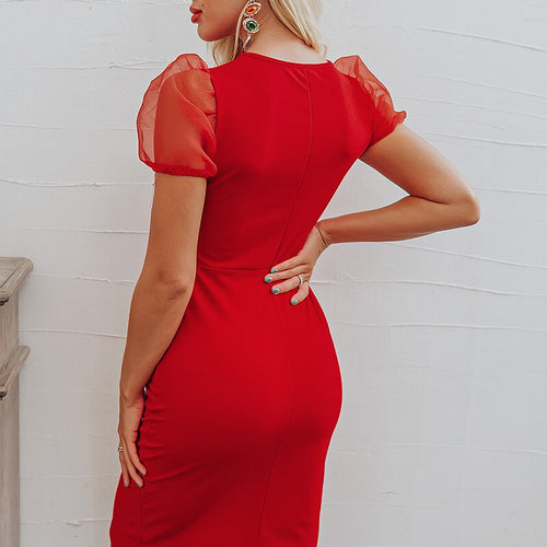 Load image into Gallery viewer, Vintage Puff Sleeve Split Bodycon High Waist Spring Summer Midi Party Club Dress
