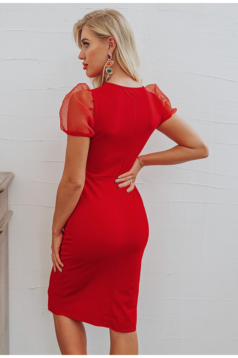 Vintage Puff Sleeve Split Bodycon High Waist Spring Summer Midi Party Club Dress