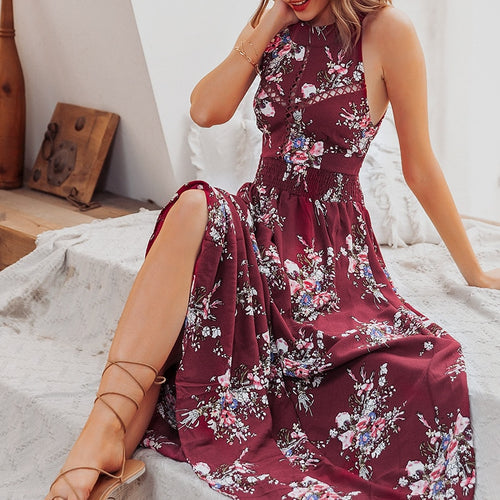 Load image into Gallery viewer, Halter Backless Summer Hollow Out Sleeveless Elegant High Waist Boho Floral Maxi Dress
