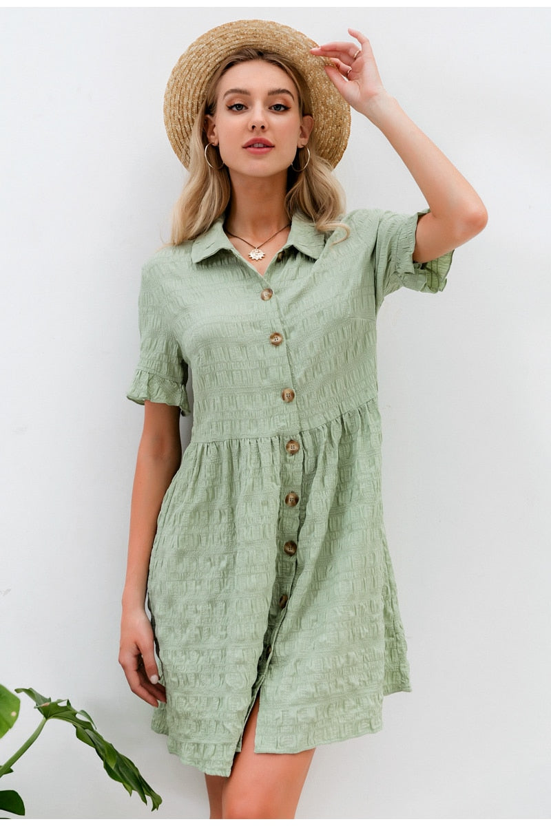 Streetwear Solid Summer Shirt Collar Ruffled Casual Party Buttons Office Dress