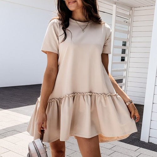 Load image into Gallery viewer, Casual Crew Neck Ruffle Short Sleeved Solid Color Loose Short Summer A-line Mini Dress
