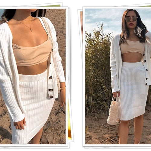 Load image into Gallery viewer, Knitted Sweater Elegant Autumn Winter Two Pieces Skirt Suit Long Sleeve Cardigan Midi Dress
