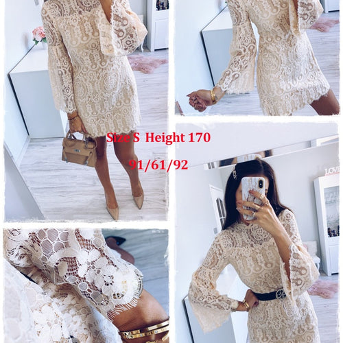 Load image into Gallery viewer, Sexy Lace Embroidery Elegant Flare Sleeve Ruffled Office Dress
