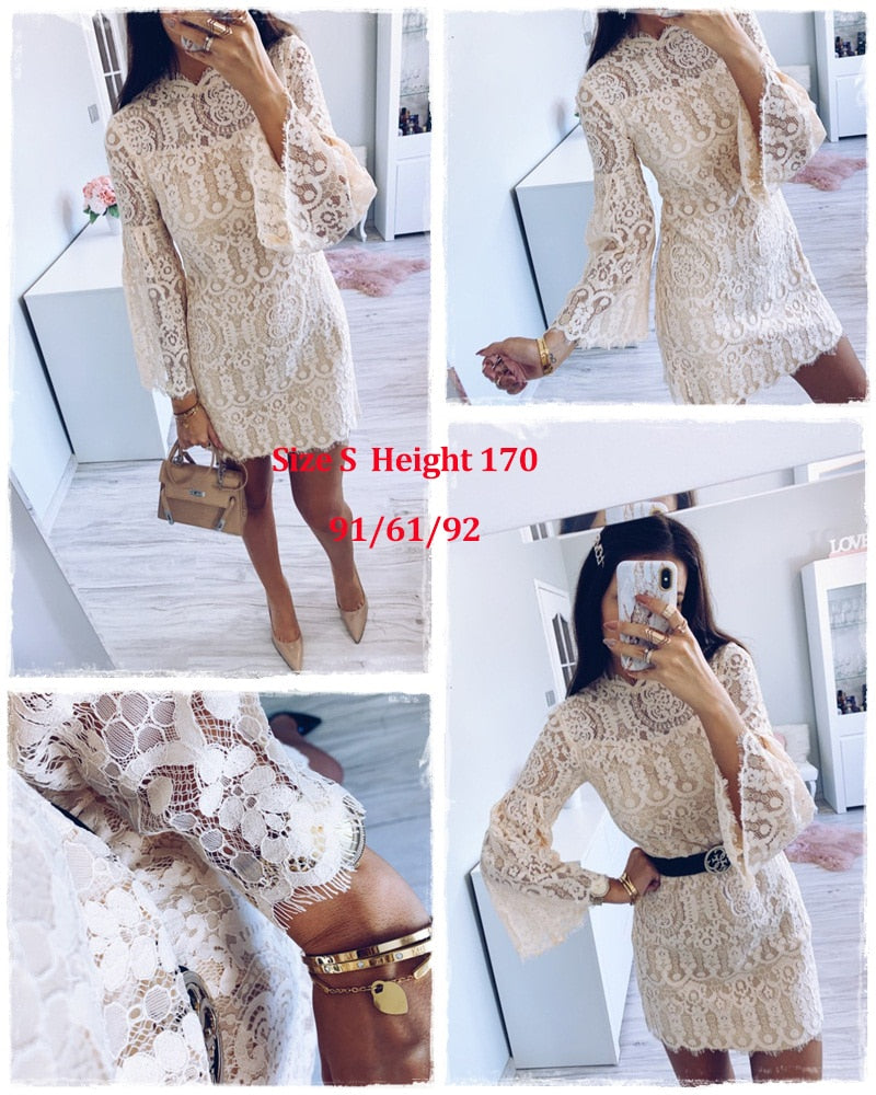 Sexy Lace Embroidery Elegant Flare Sleeve Ruffled Office Dress