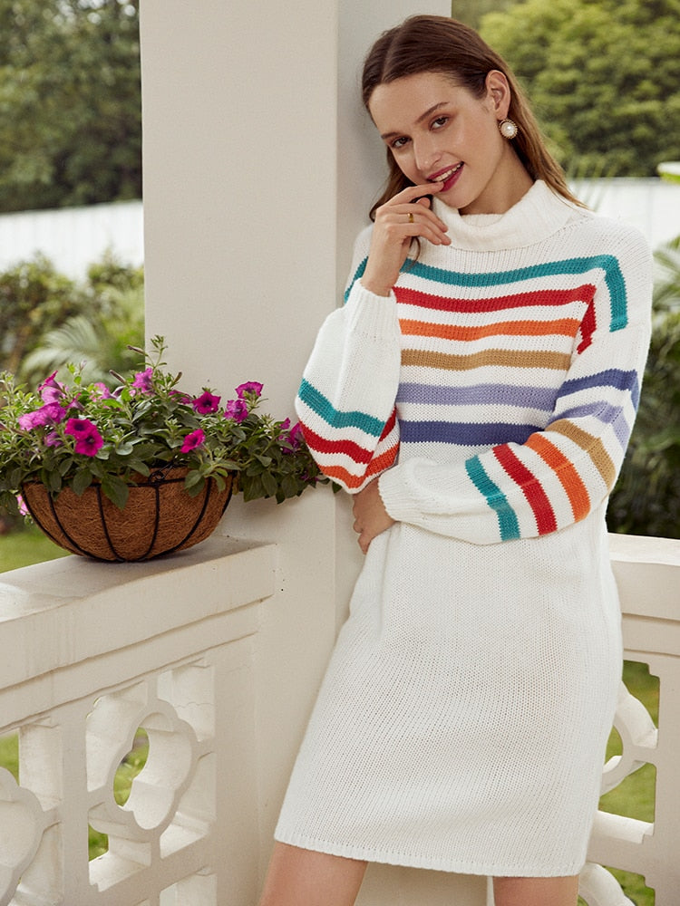 Turtleneck Rainbow Knitted Casual High Fashion Sweater Short Autumn Winter Sweater Dress