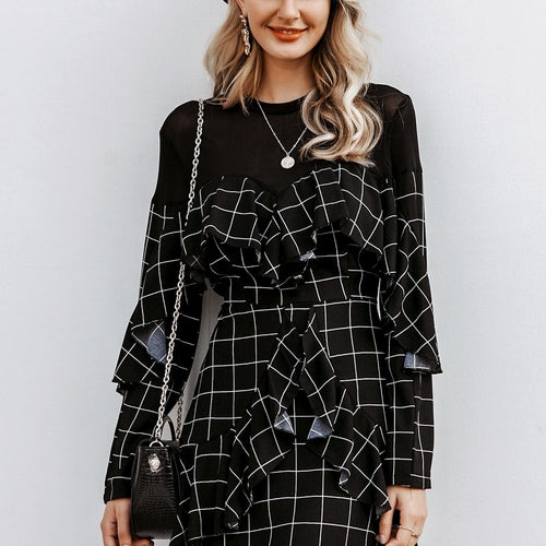 Load image into Gallery viewer, Elegant Office Lady Plaid Ruffled Long Sleeve Mini Straight O-neck Short Party Dress
