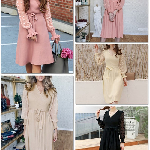 Load image into Gallery viewer, Elegant Knitted Sexy V-neck Long Sleeve Pleated Belted Sweater Slim Party Dress
