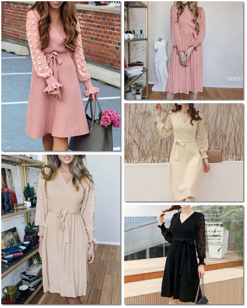Elegant Knitted Sexy V-neck Long Sleeve Pleated Belted Sweater Slim Party Dress
