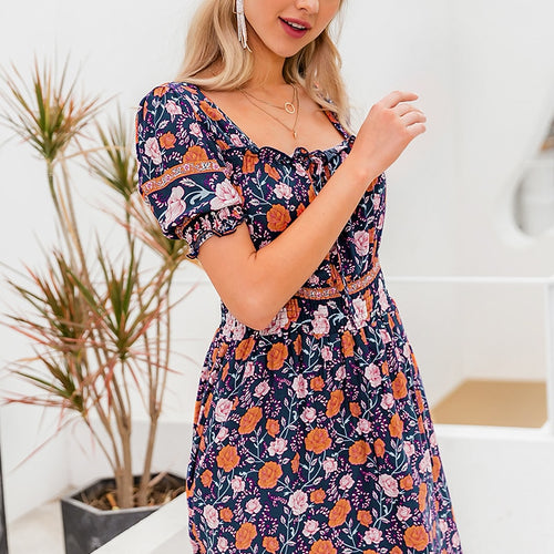 Load image into Gallery viewer, Blackless Floral Print Summer High Waist Puff Sleeve Ruffled Boho Ruched A-line Mini Dress
