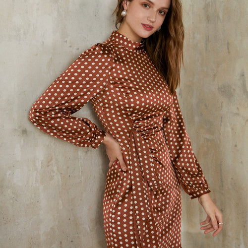 Load image into Gallery viewer, Elegant Round Neck Polka Dot Lantern Solid Holiday Autumn Chic Long Sleeve Party Midi Dress
