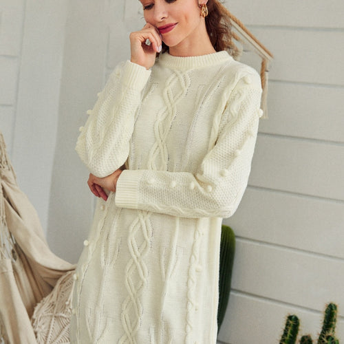 Load image into Gallery viewer, Casual O-neck Sweater Autumn Winter Long Sleeve White Female Knitted Dress Soft Straight Warm Sweater Dress
