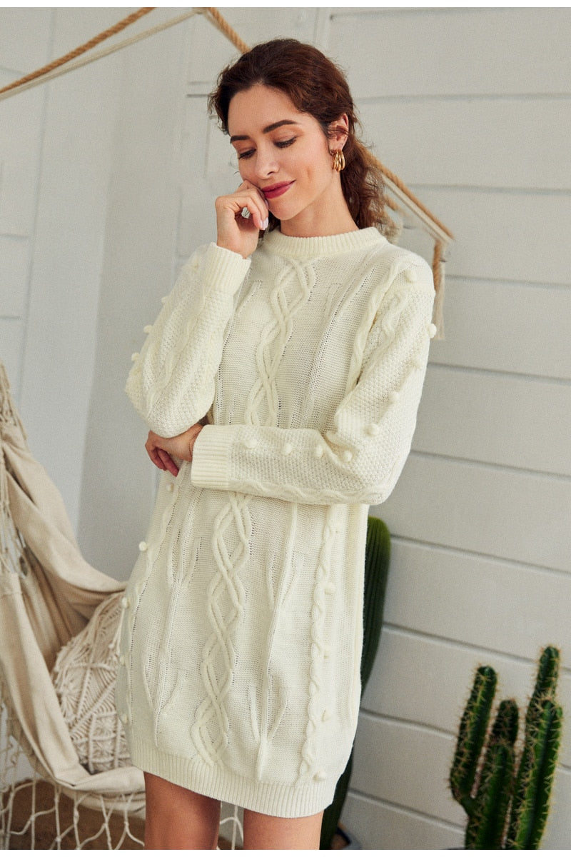 Casual O-neck Sweater Autumn Winter Long Sleeve White Female Knitted Dress Soft Straight Warm Sweater Dress