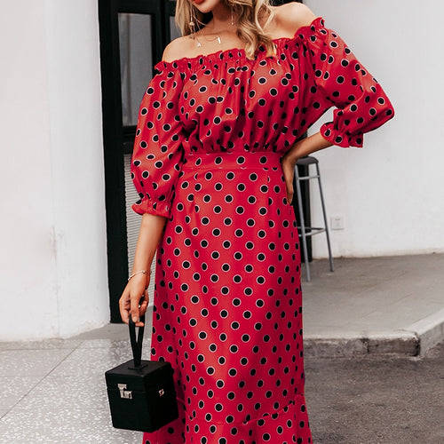 Load image into Gallery viewer, Sexy Off Shoulder Maxi Slim Polka Dots High Waist Ruffle Casual Party Dress
