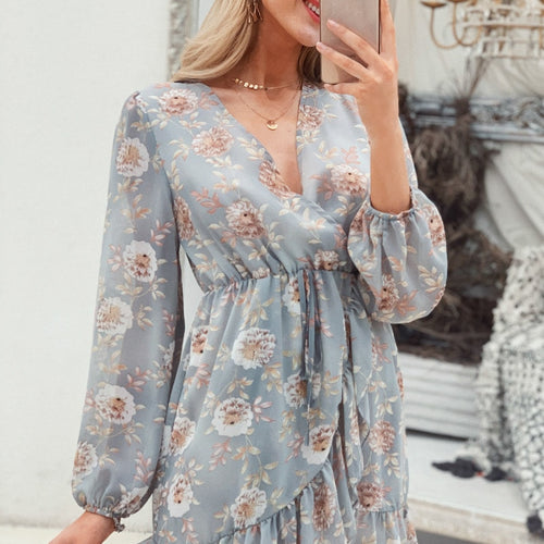 Load image into Gallery viewer, Floral Print Sexy Long Sleeve V-neck Hollow Out Summer Ruffled Wrap Casual Beach Dress
