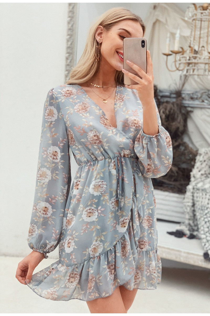 Floral Print Sexy Long Sleeve V-neck Hollow Out Summer Ruffled Wrap Casual Beach Dress