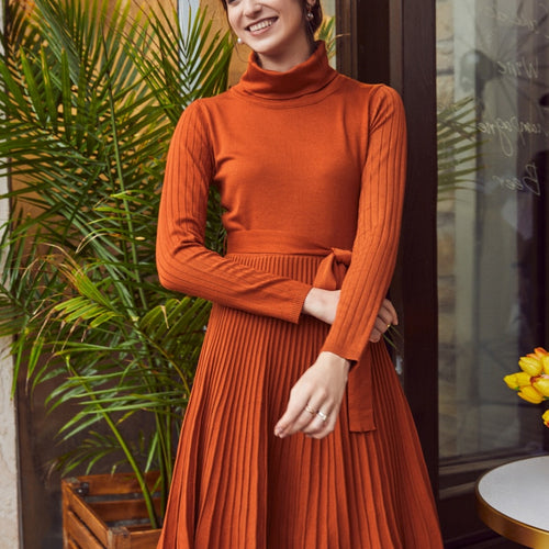 Load image into Gallery viewer, Casual Turtleneck Knitted Winter Long Sleeve Stitching Sweater Dress
