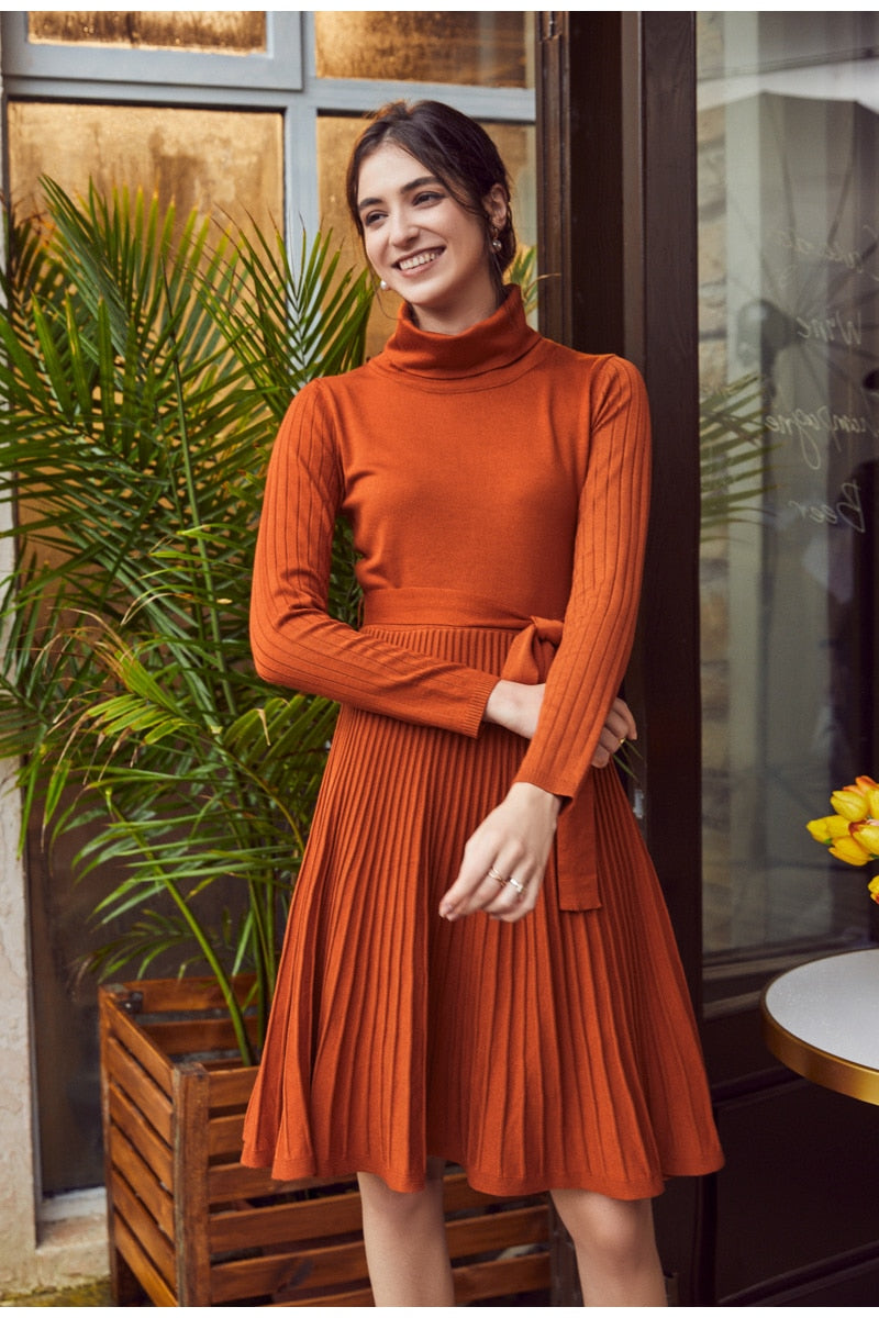 Casual Turtleneck Knitted Winter Long Sleeve Stitching Sweater Dress